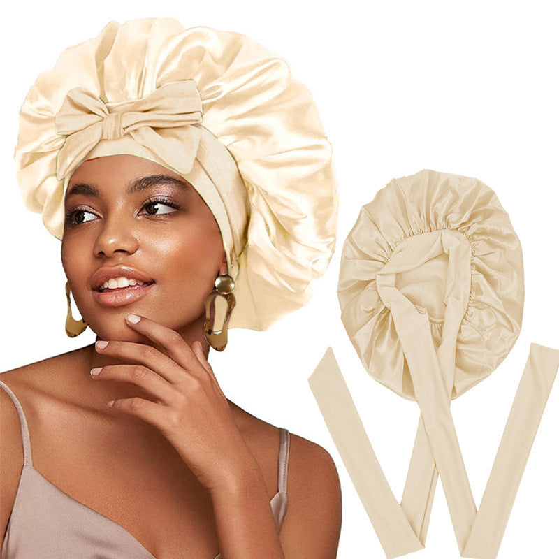 Cross-Border Popular Satin Ribbon Round Hat with Bow, Imitation Silk Beauty and Hair Care Wide-Brimmed Hat, Single-Layer Satin Sleep Cap