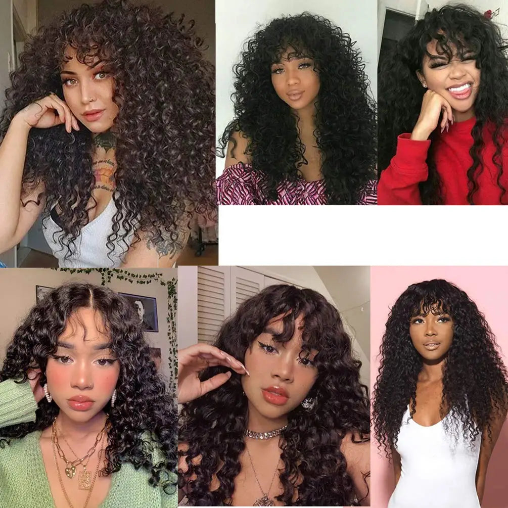 Water Wave Huma Hair Wig With Bangs 180% Density