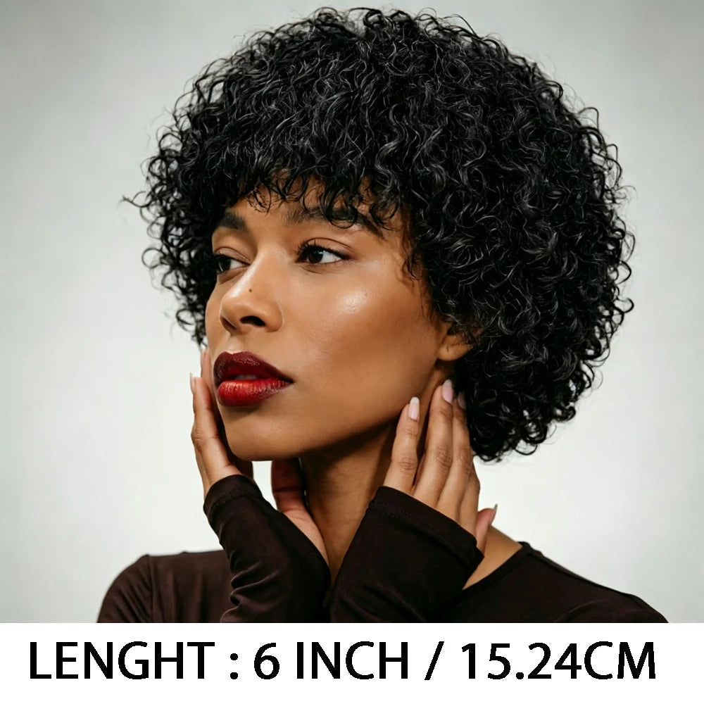 Human Hair Wig Black Kinky Curly Wig with Bangs Density180% Machine Made Breathable Cap Natural Looking for Women Daily Casual