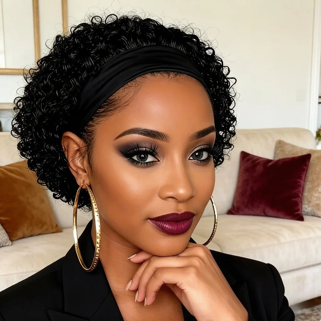 Women's Headband Human Hair Wig | Short Afro Water Wave Wig with Rose Net Cap | Ideal for Cosplay,full Machine Made