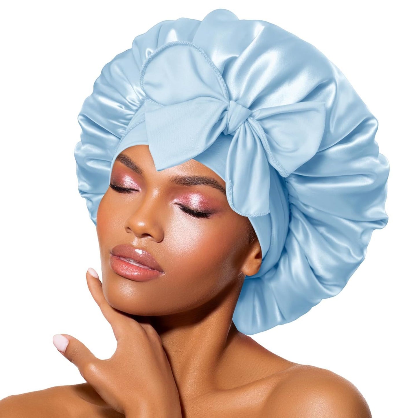 Cross-Border Popular Satin Ribbon Round Hat with Bow, Imitation Silk Beauty and Hair Care Wide-Brimmed Hat, Single-Layer Satin Sleep Cap