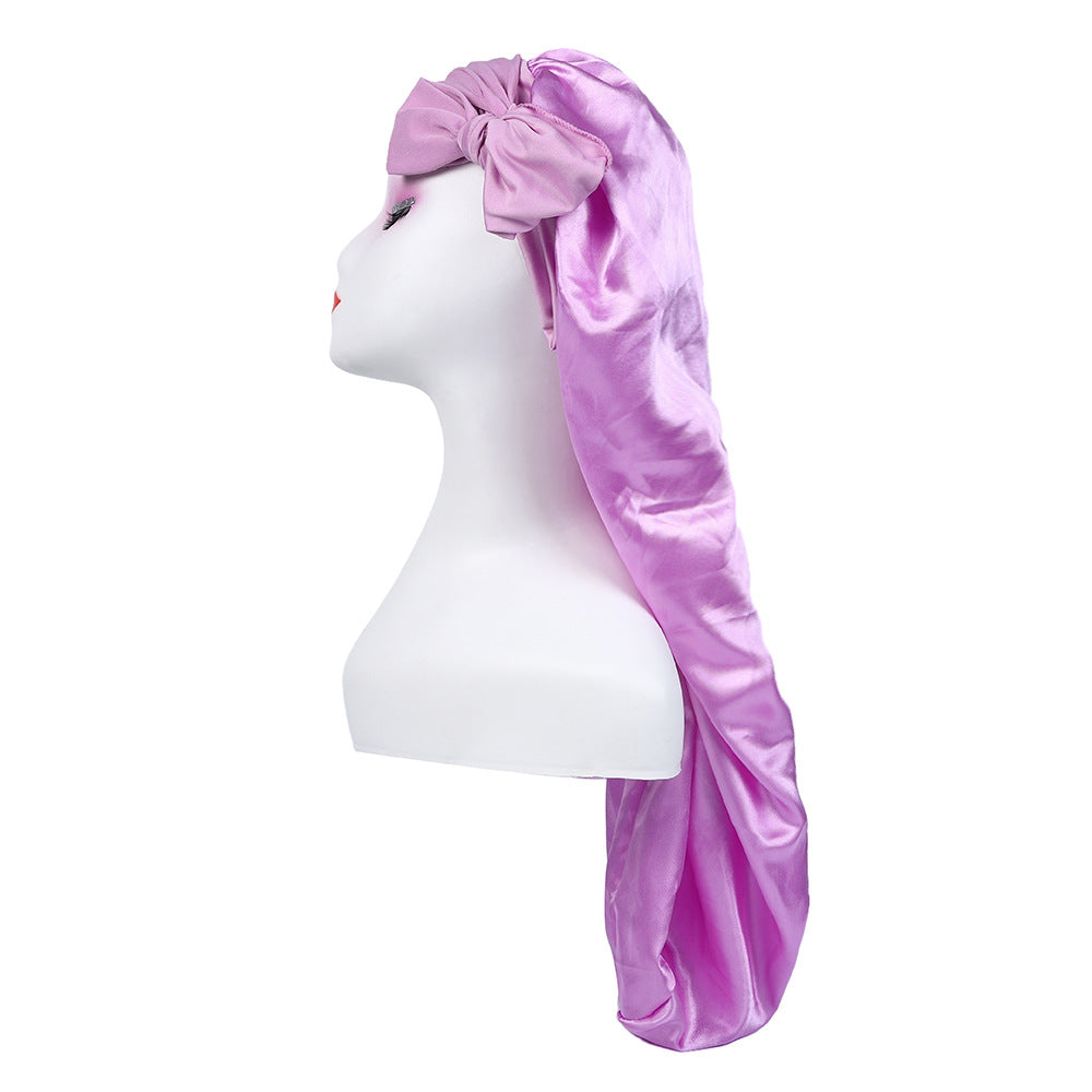 Amazon's New Women's Ribbon Long Hat Satin Nightcap Hairdressing Shower Cap Hair Care Cap Long Tail Turban Hat