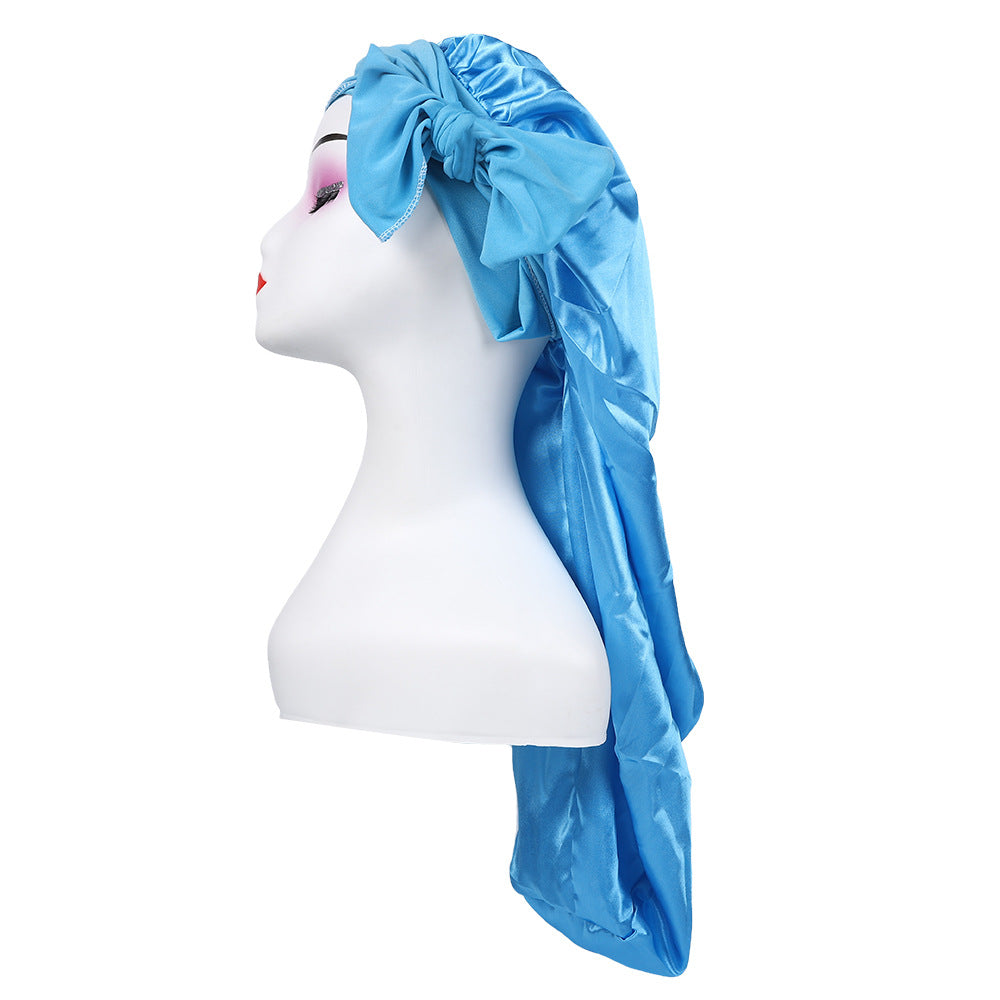 Amazon's New Women's Ribbon Long Hat Satin Nightcap Hairdressing Shower Cap Hair Care Cap Long Tail Turban Hat