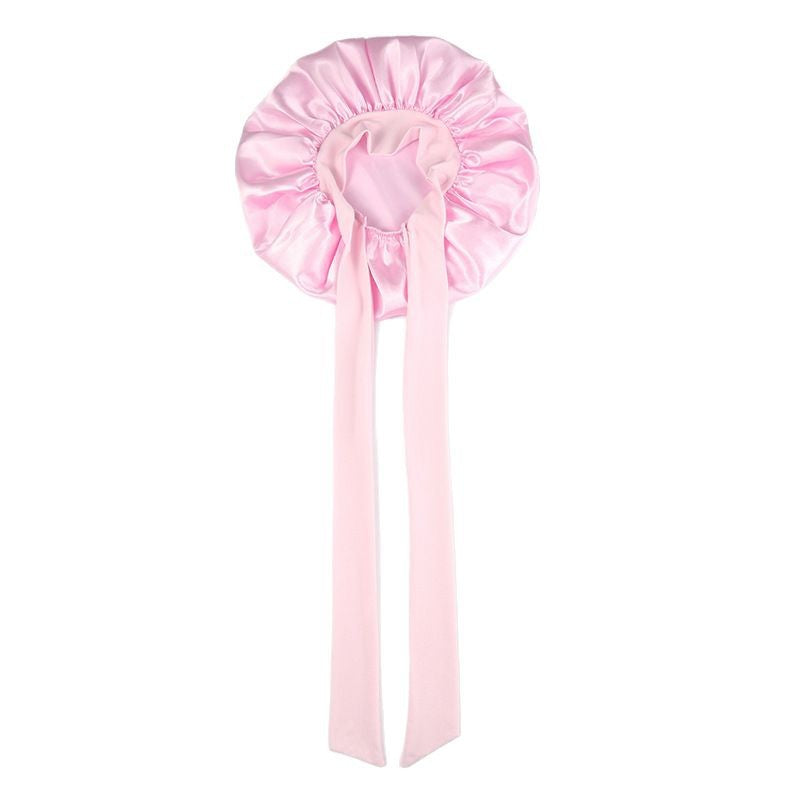 Cross-Border Popular Satin Ribbon Round Hat with Bow, Imitation Silk Beauty and Hair Care Wide-Brimmed Hat, Single-Layer Satin Sleep Cap