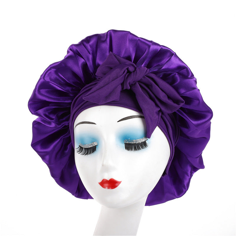 Cross-Border Popular Satin Ribbon Round Hat with Bow, Imitation Silk Beauty and Hair Care Wide-Brimmed Hat, Single-Layer Satin Sleep Cap