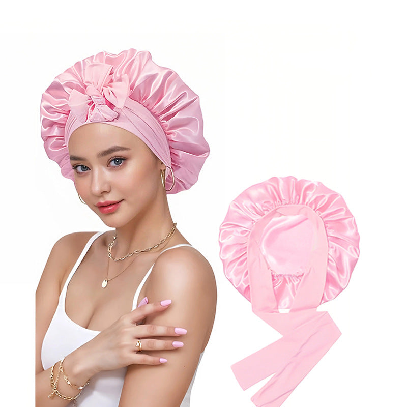 Amazon Double Layer Nightcap Color Ding Hat Women's Elastic Wide-brimmed Hair Care Hat Shower Hat Turban Bow Ribbon Round Hat