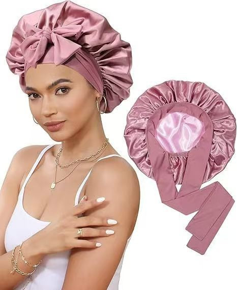 Cross-Border Double-Layer Satin Ribbon Nightcap with Bow Tie Turban Beauty Hair Care Cap for Women Double-Sided Bonnet