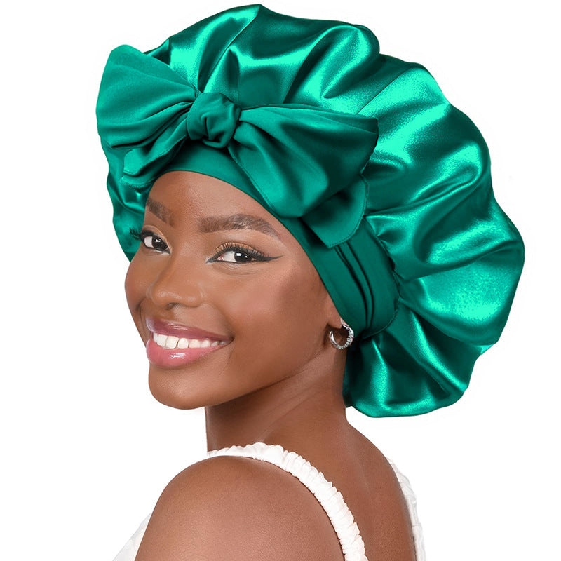 Cross-Border Popular Satin Ribbon Round Hat with Bow, Imitation Silk Beauty and Hair Care Wide-Brimmed Hat, Single-Layer Satin Sleep Cap