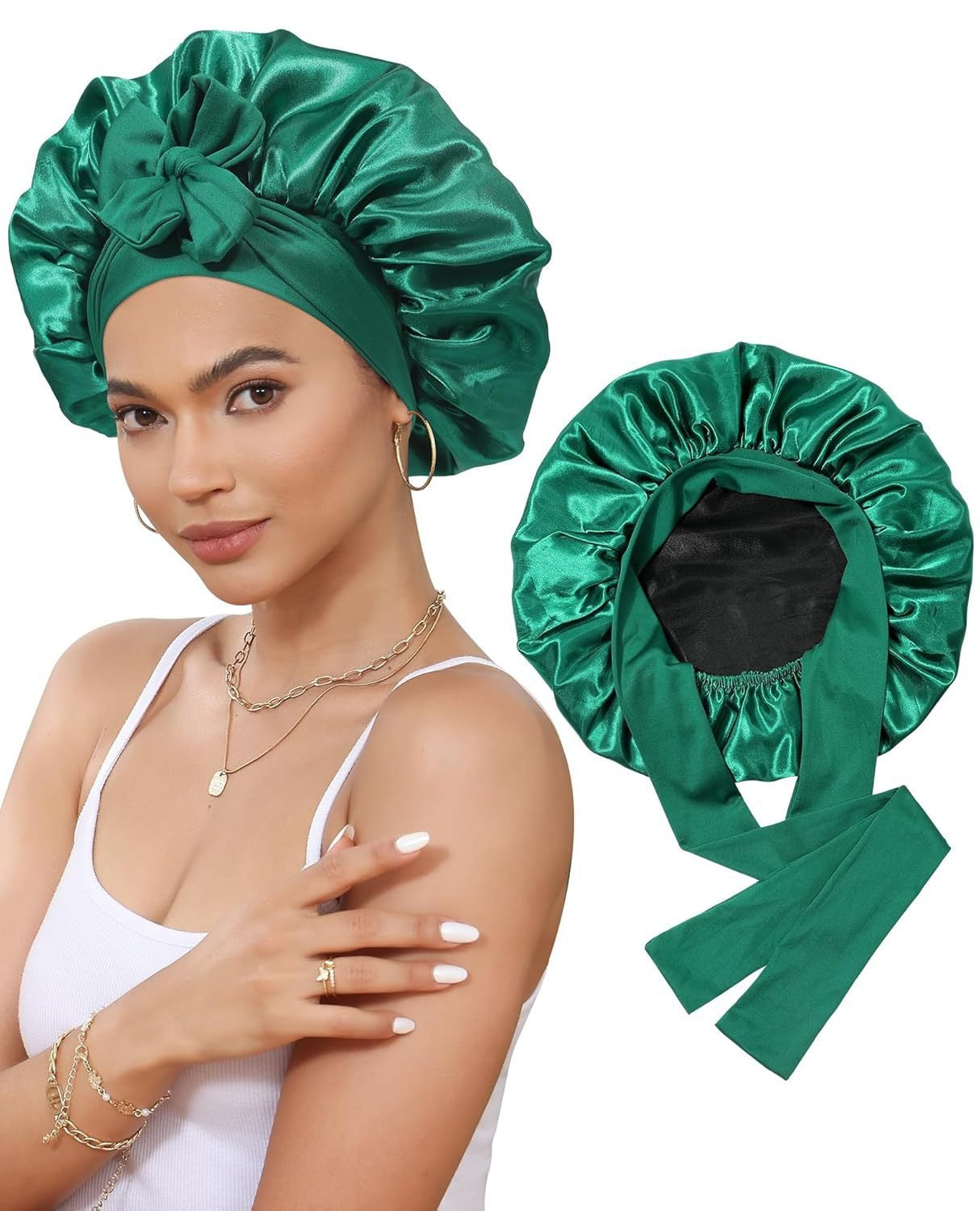 Cross-Border Double-Layer Satin Ribbon Nightcap with Bow Tie Turban Beauty Hair Care Cap for Women Double-Sided Bonnet