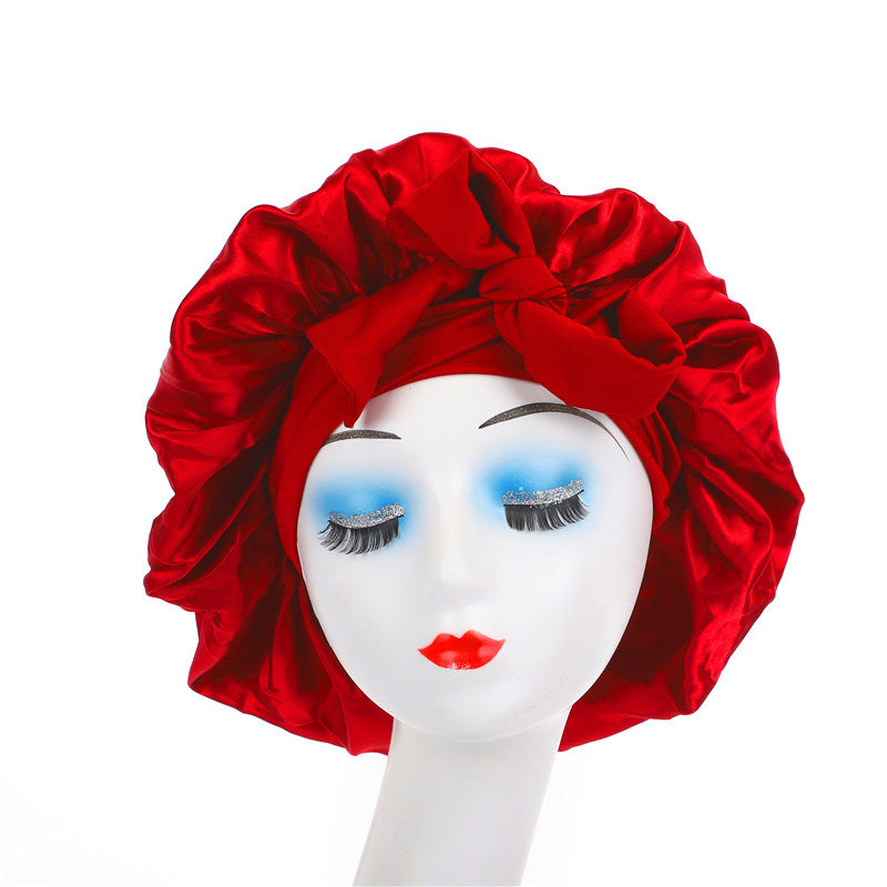 Cross-Border Popular Satin Ribbon Round Hat with Bow, Imitation Silk Beauty and Hair Care Wide-Brimmed Hat, Single-Layer Satin Sleep Cap
