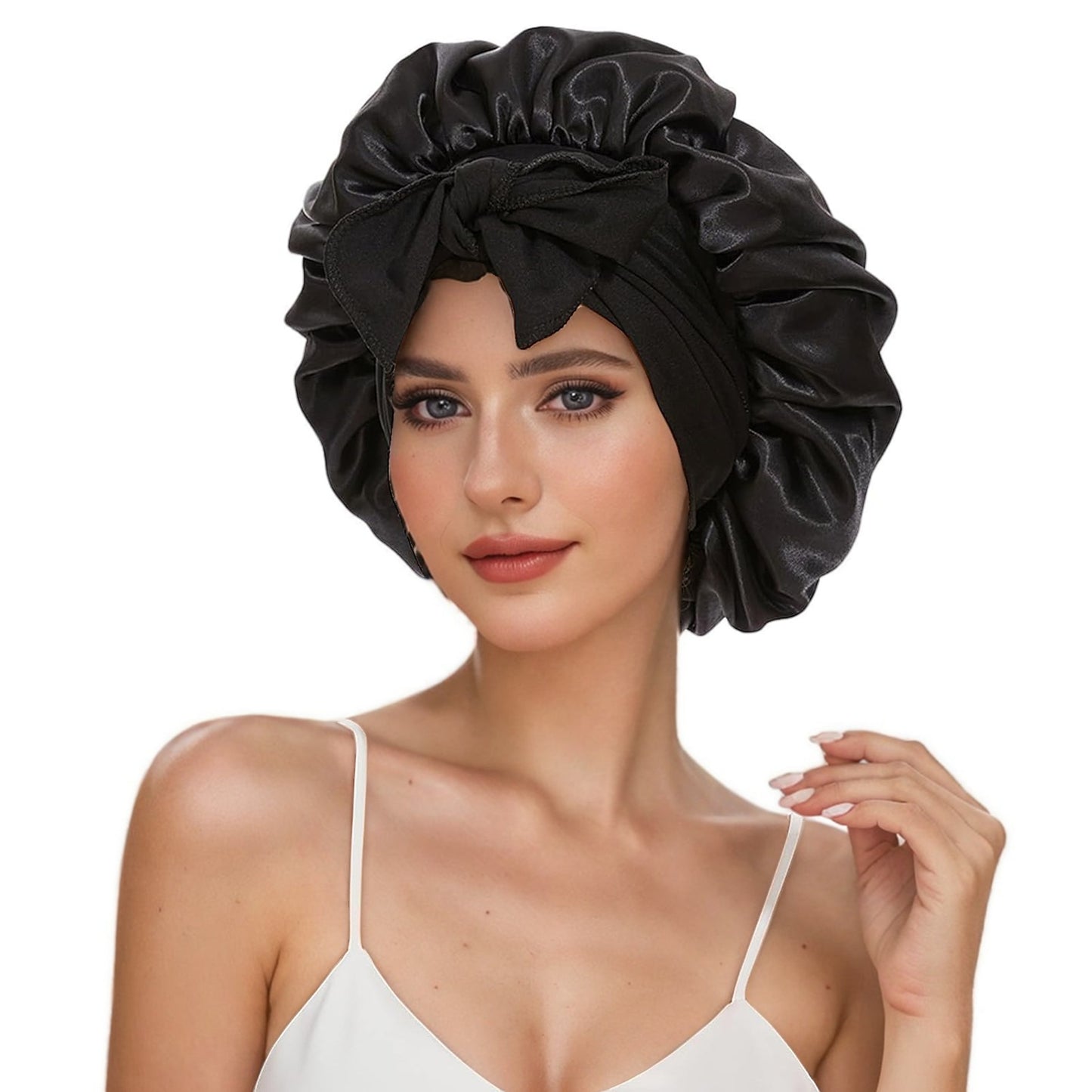 Amazon Double Layer Nightcap Color Ding Hat Women's Elastic Wide-brimmed Hair Care Hat Shower Hat Turban Bow Ribbon Round Hat