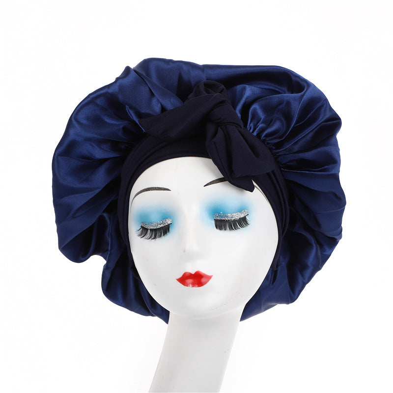 Cross-Border Popular Satin Ribbon Round Hat with Bow, Imitation Silk Beauty and Hair Care Wide-Brimmed Hat, Single-Layer Satin Sleep Cap