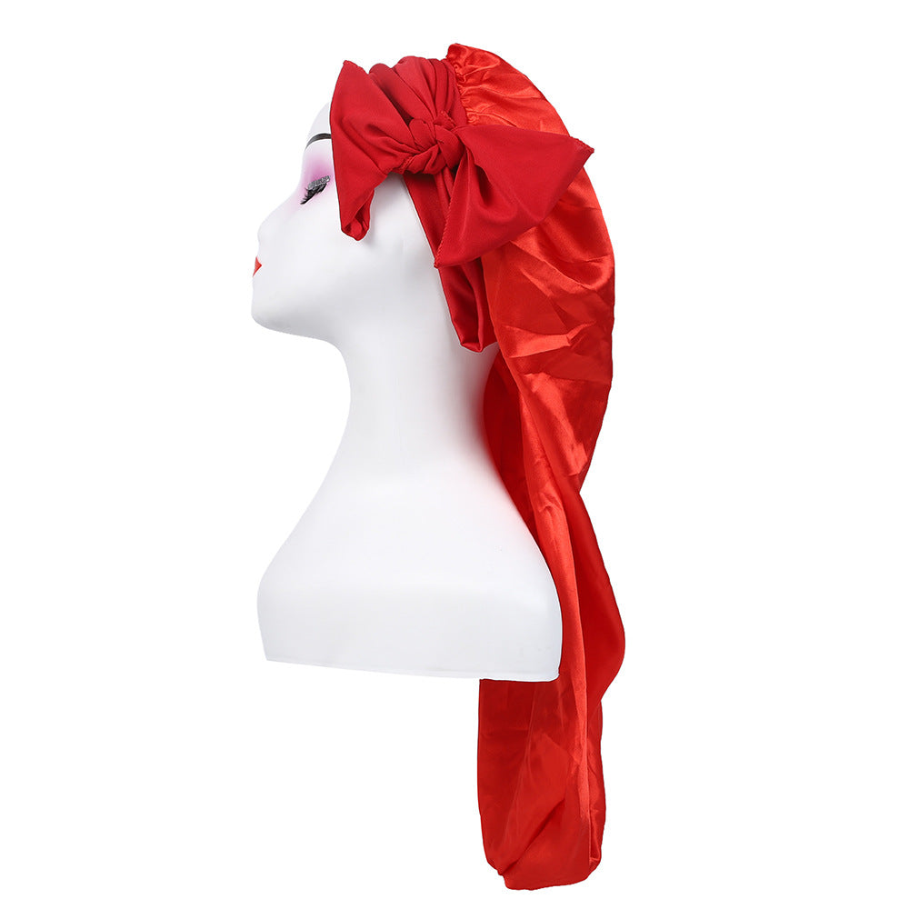 Amazon's New Women's Ribbon Long Hat Satin Nightcap Hairdressing Shower Cap Hair Care Cap Long Tail Turban Hat