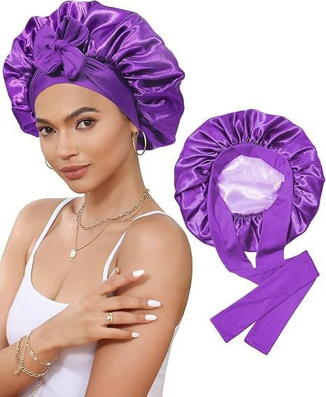 Cross-Border Double-Layer Satin Ribbon Nightcap with Bow Tie Turban Beauty Hair Care Cap for Women Double-Sided Bonnet