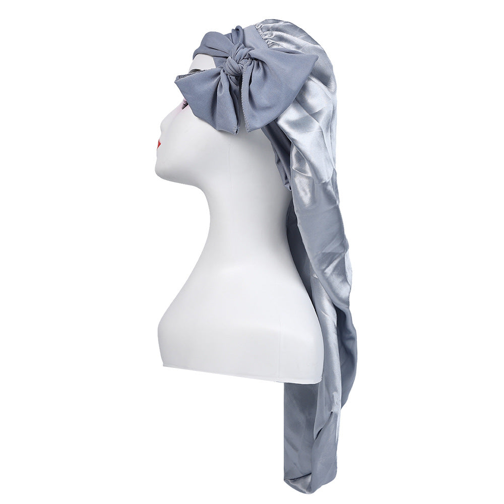 Amazon's New Women's Ribbon Long Hat Satin Nightcap Hairdressing Shower Cap Hair Care Cap Long Tail Turban Hat
