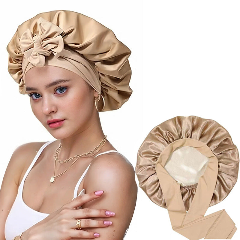Amazon Double Layer Nightcap Color Ding Hat Women's Elastic Wide-brimmed Hair Care Hat Shower Hat Turban Bow Ribbon Round Hat