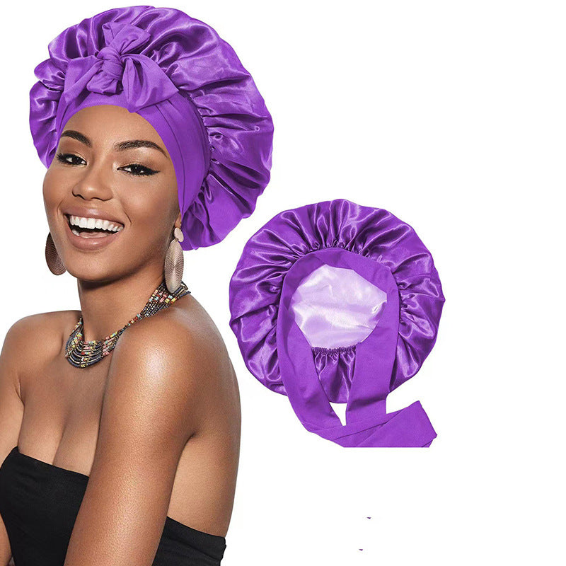 Amazon Double Layer Nightcap Color Ding Hat Women's Elastic Wide-brimmed Hair Care Hat Shower Hat Turban Bow Ribbon Round Hat