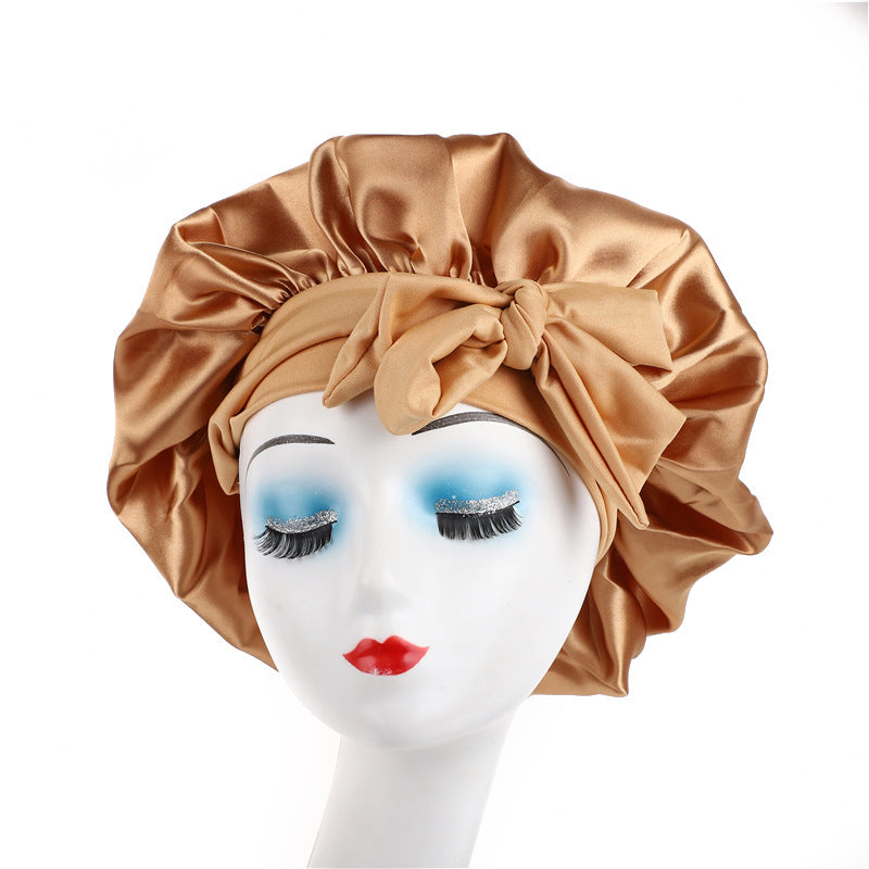 Cross-Border Popular Satin Ribbon Round Hat with Bow, Imitation Silk Beauty and Hair Care Wide-Brimmed Hat, Single-Layer Satin Sleep Cap