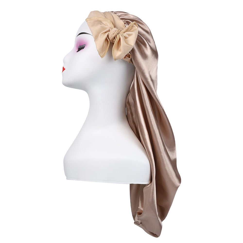 Amazon's New Women's Ribbon Long Hat Satin Nightcap Hairdressing Shower Cap Hair Care Cap Long Tail Turban Hat