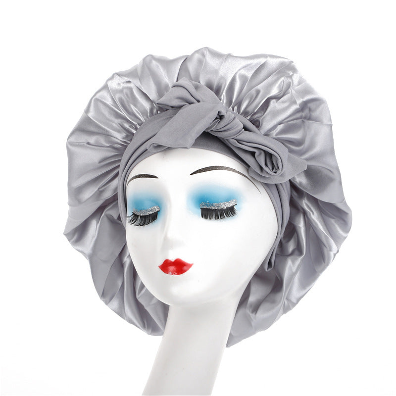Cross-Border Popular Satin Ribbon Round Hat with Bow, Imitation Silk Beauty and Hair Care Wide-Brimmed Hat, Single-Layer Satin Sleep Cap