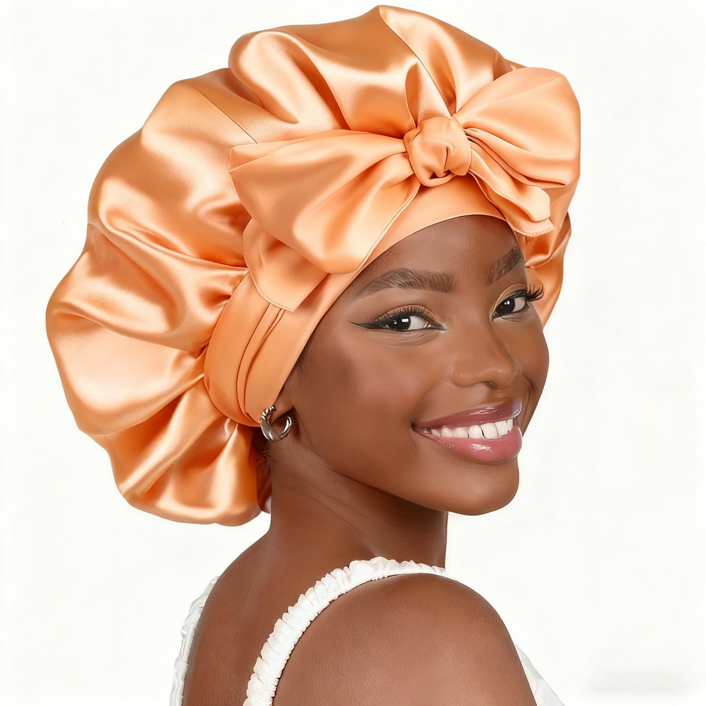 Cross-Border Popular Satin Ribbon Round Hat with Bow, Imitation Silk Beauty and Hair Care Wide-Brimmed Hat, Single-Layer Satin Sleep Cap