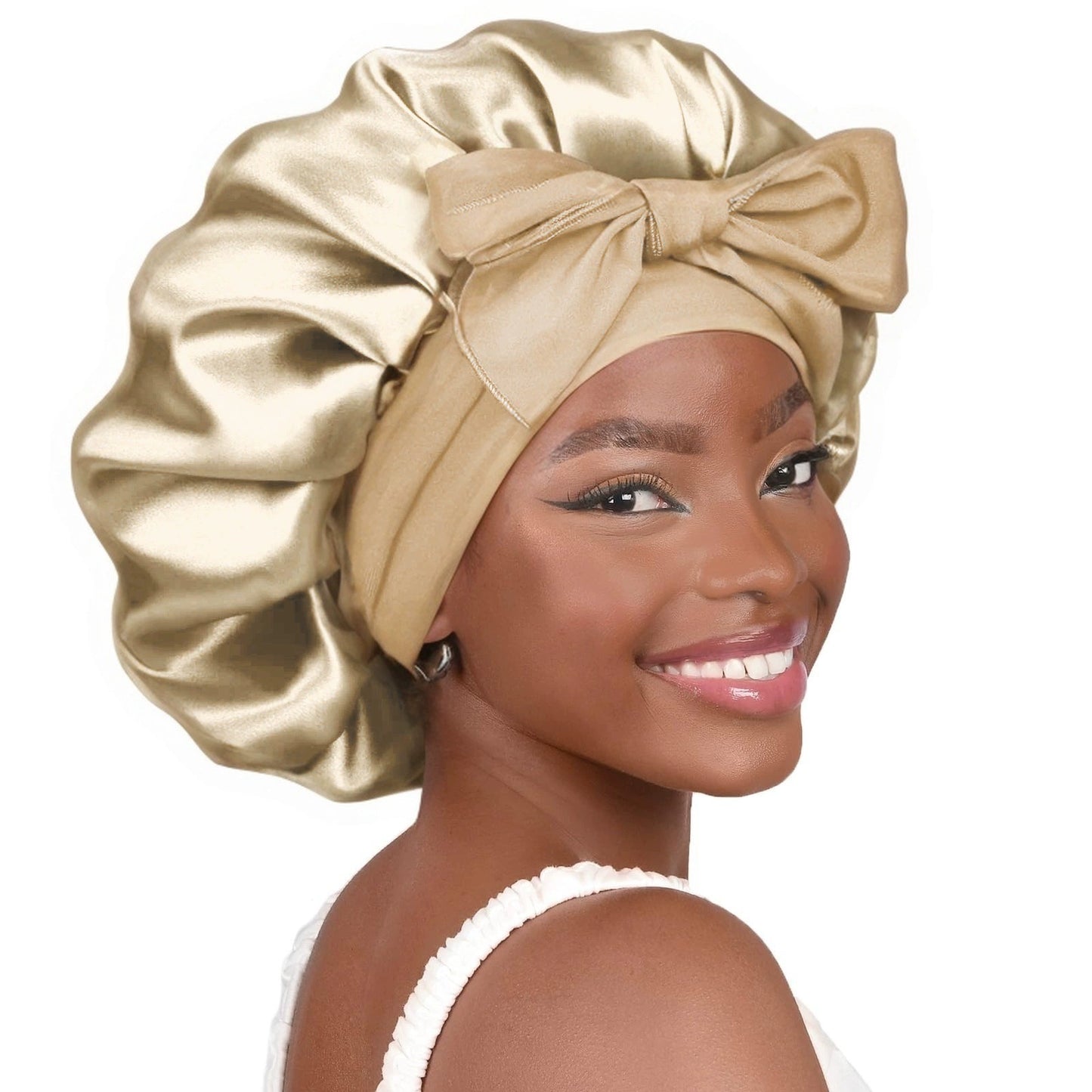 Cross-Border Popular Satin Ribbon Round Hat with Bow, Imitation Silk Beauty and Hair Care Wide-Brimmed Hat, Single-Layer Satin Sleep Cap