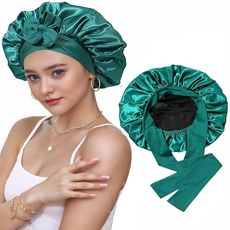 Amazon Double Layer Nightcap Color Ding Hat Women's Elastic Wide-brimmed Hair Care Hat Shower Hat Turban Bow Ribbon Round Hat