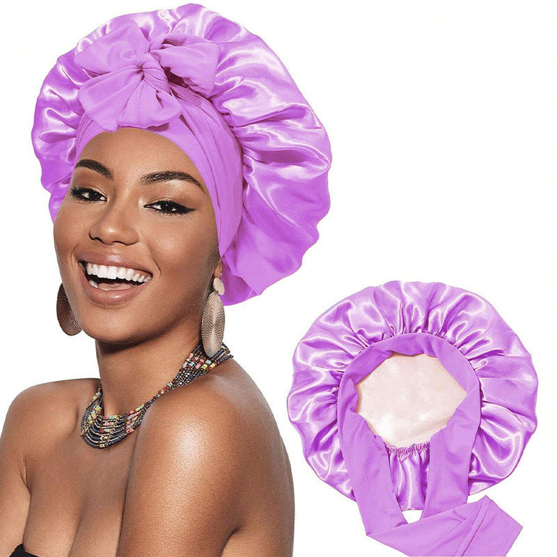 Amazon Double Layer Nightcap Color Ding Hat Women's Elastic Wide-brimmed Hair Care Hat Shower Hat Turban Bow Ribbon Round Hat