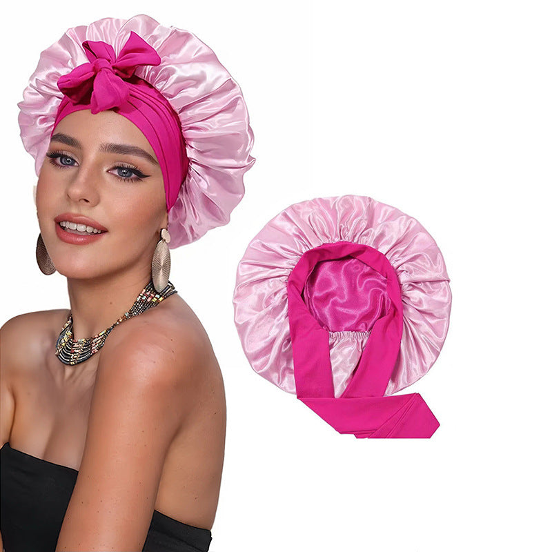 Amazon Double Layer Nightcap Color Ding Hat Women's Elastic Wide-brimmed Hair Care Hat Shower Hat Turban Bow Ribbon Round Hat