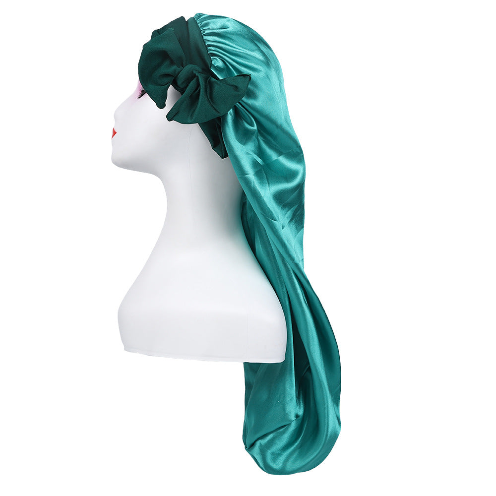 Amazon's New Women's Ribbon Long Hat Satin Nightcap Hairdressing Shower Cap Hair Care Cap Long Tail Turban Hat