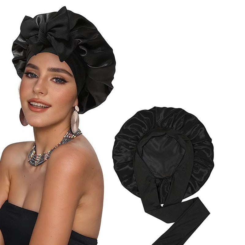 Cross-Border Double-Layer Satin Ribbon Nightcap with Bow Tie Turban Beauty Hair Care Cap for Women Double-Sided Bonnet