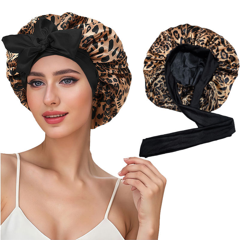 Cross-Border Double-Layer Satin Ribbon Nightcap with Bow Tie Turban Beauty Hair Care Cap for Women Double-Sided Bonnet