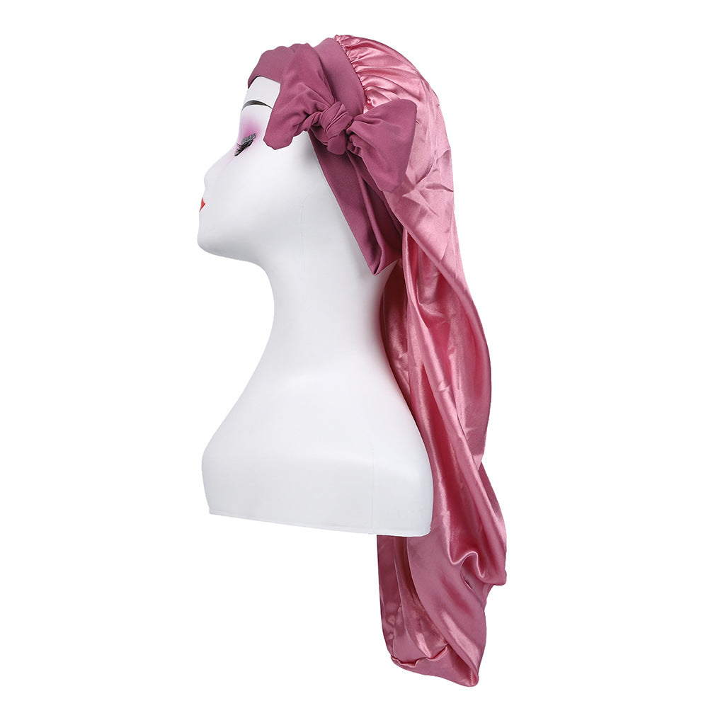 Amazon's New Women's Ribbon Long Hat Satin Nightcap Hairdressing Shower Cap Hair Care Cap Long Tail Turban Hat
