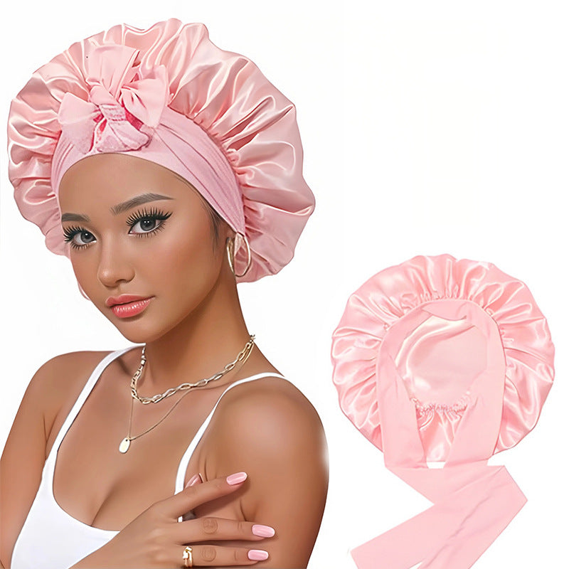 Amazon Double Layer Nightcap Color Ding Hat Women's Elastic Wide-brimmed Hair Care Hat Shower Hat Turban Bow Ribbon Round Hat