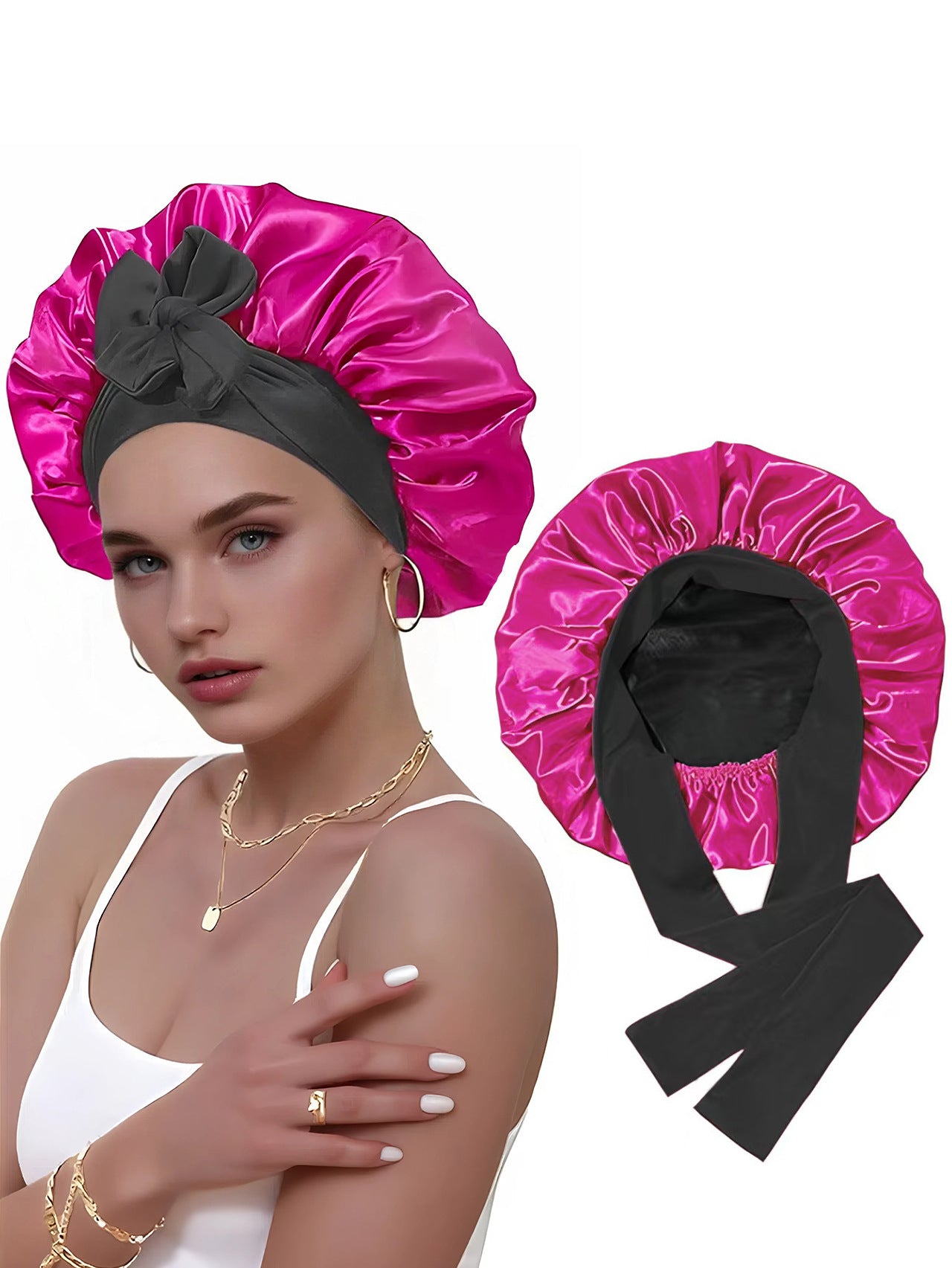Amazon Double Layer Nightcap Color Ding Hat Women's Elastic Wide-brimmed Hair Care Hat Shower Hat Turban Bow Ribbon Round Hat