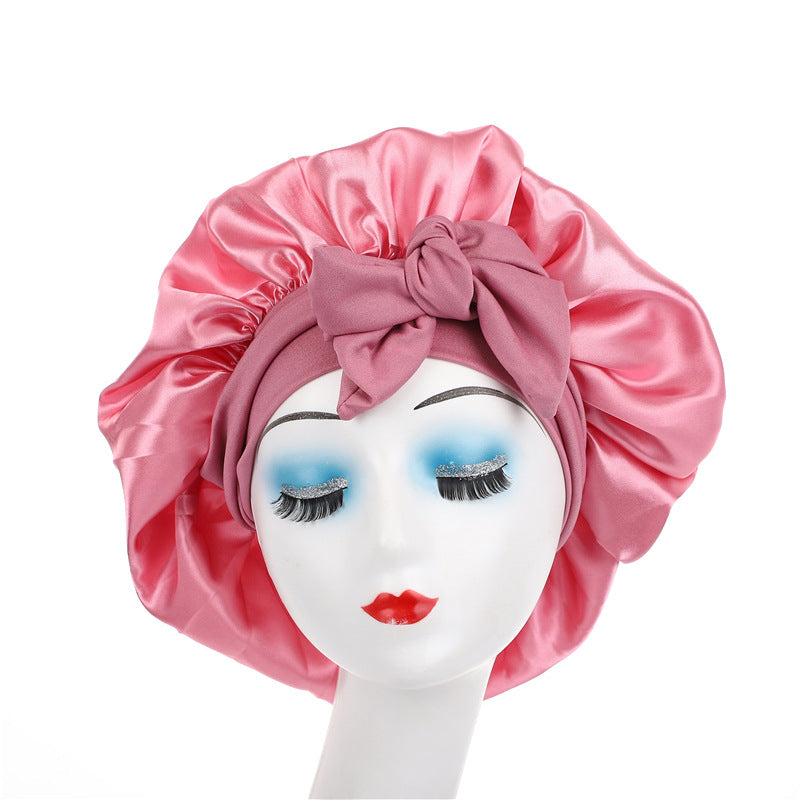 Cross-Border Popular Satin Ribbon Round Hat with Bow, Imitation Silk Beauty and Hair Care Wide-Brimmed Hat, Single-Layer Satin Sleep Cap