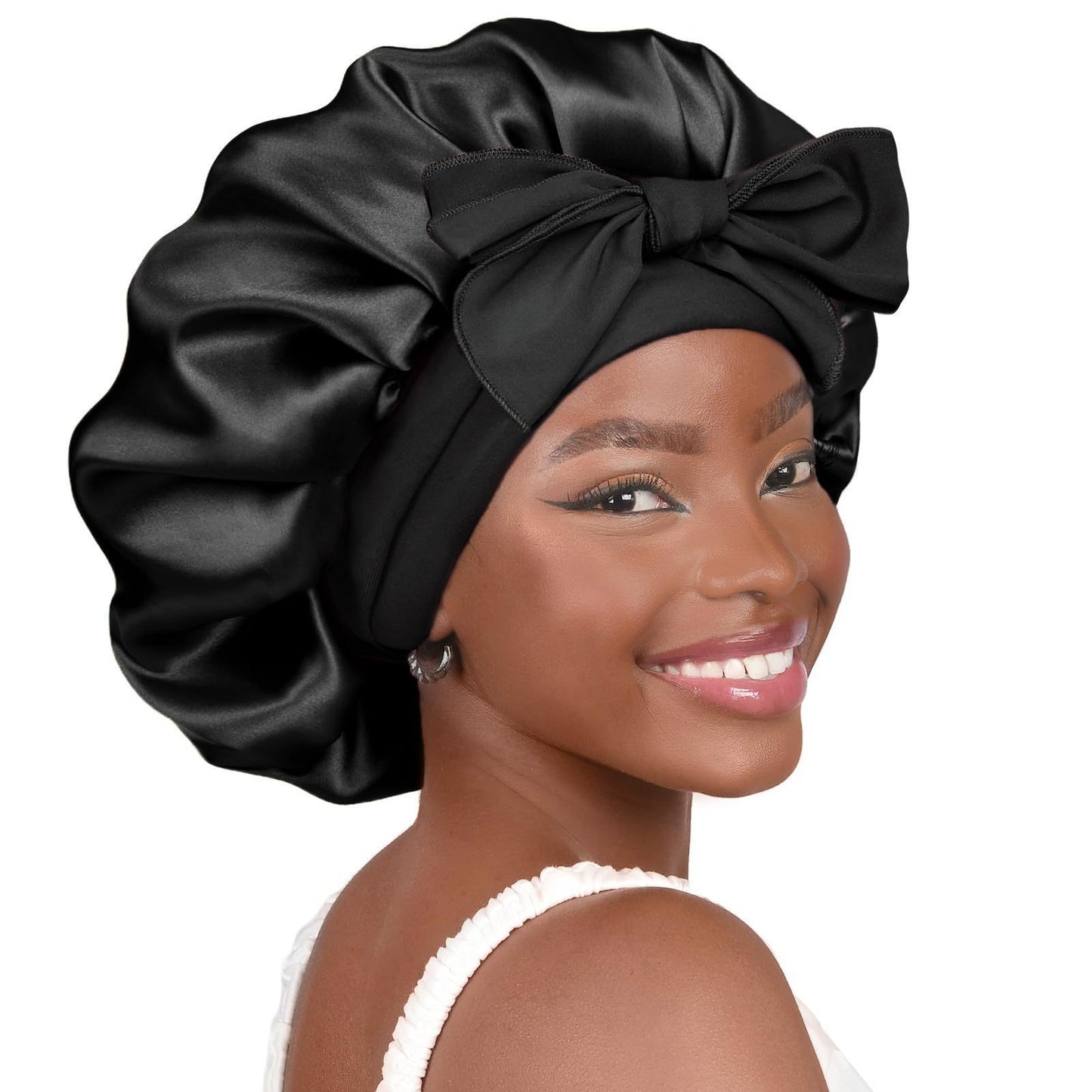 Cross-Border Double-Layer Satin Ribbon Nightcap with Bow Tie Turban Beauty Hair Care Cap for Women Double-Sided Bonnet