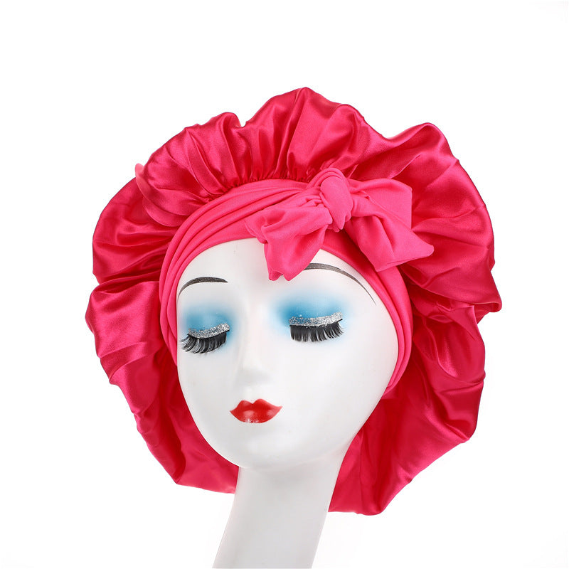 Cross-Border Popular Satin Ribbon Round Hat with Bow, Imitation Silk Beauty and Hair Care Wide-Brimmed Hat, Single-Layer Satin Sleep Cap