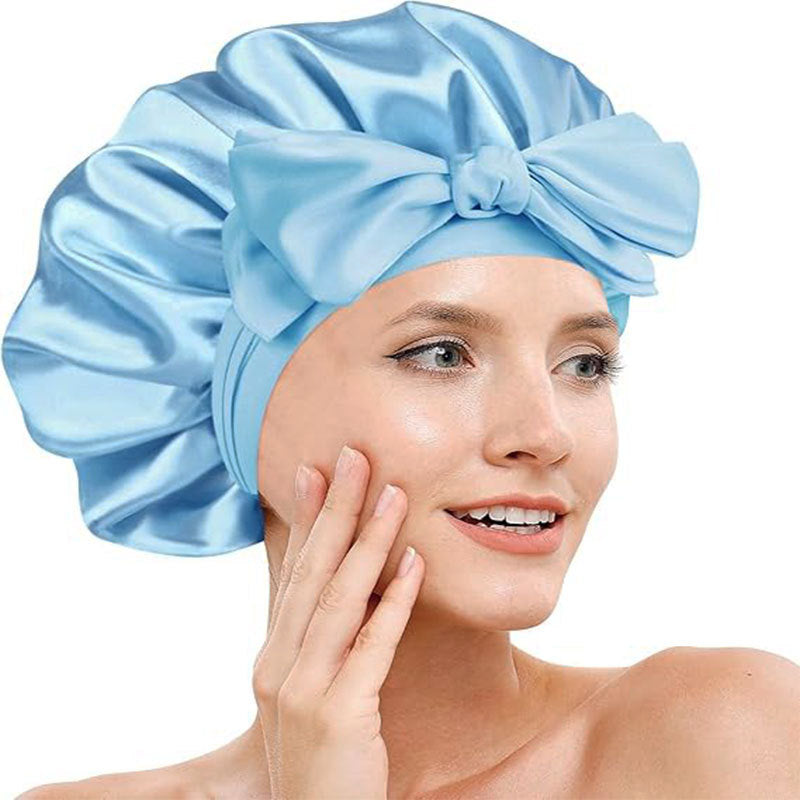 Cross-Border Double-Layer Satin Ribbon Nightcap with Bow Tie Turban Beauty Hair Care Cap for Women Double-Sided Bonnet