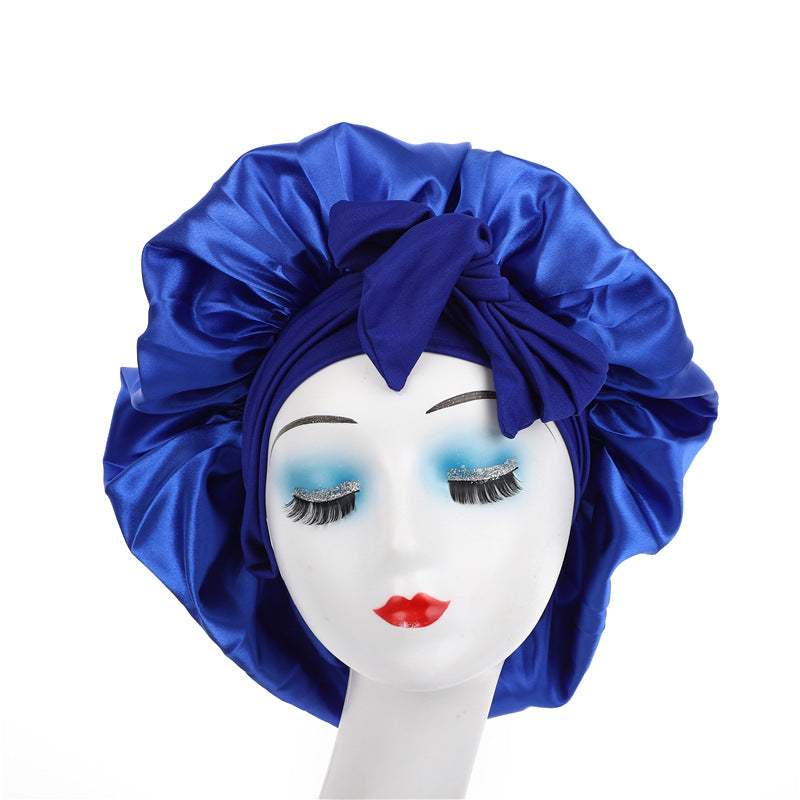 Cross-Border Popular Satin Ribbon Round Hat with Bow, Imitation Silk Beauty and Hair Care Wide-Brimmed Hat, Single-Layer Satin Sleep Cap