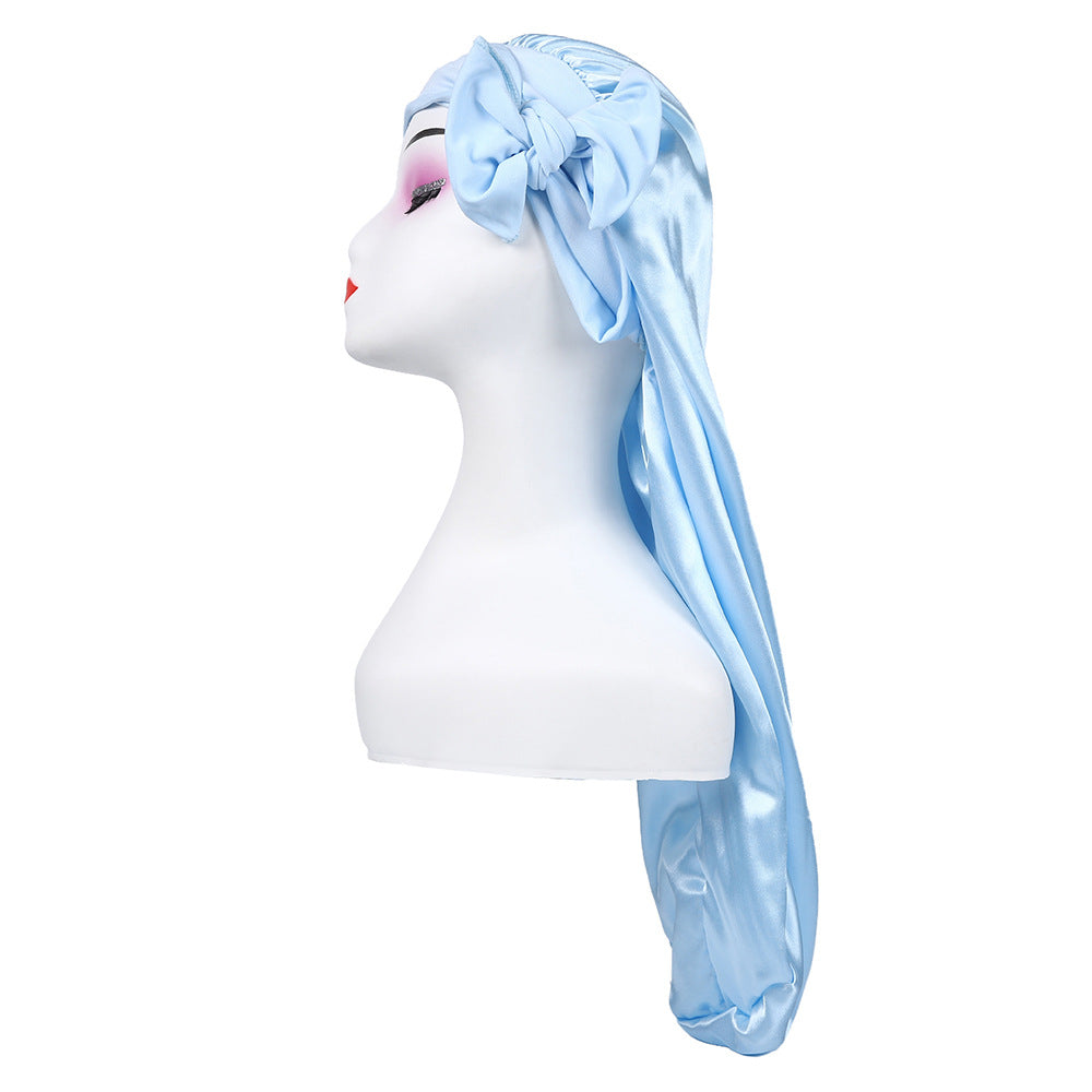 Amazon's New Women's Ribbon Long Hat Satin Nightcap Hairdressing Shower Cap Hair Care Cap Long Tail Turban Hat