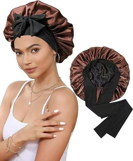 Cross-Border Double-Layer Satin Ribbon Nightcap with Bow Tie Turban Beauty Hair Care Cap for Women Double-Sided Bonnet