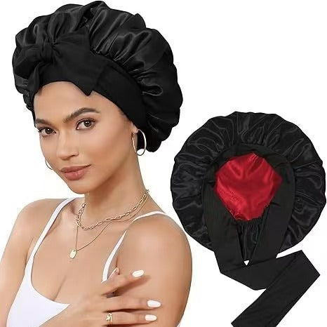 Cross-Border Double-Layer Satin Ribbon Nightcap with Bow Tie Turban Beauty Hair Care Cap for Women Double-Sided Bonnet
