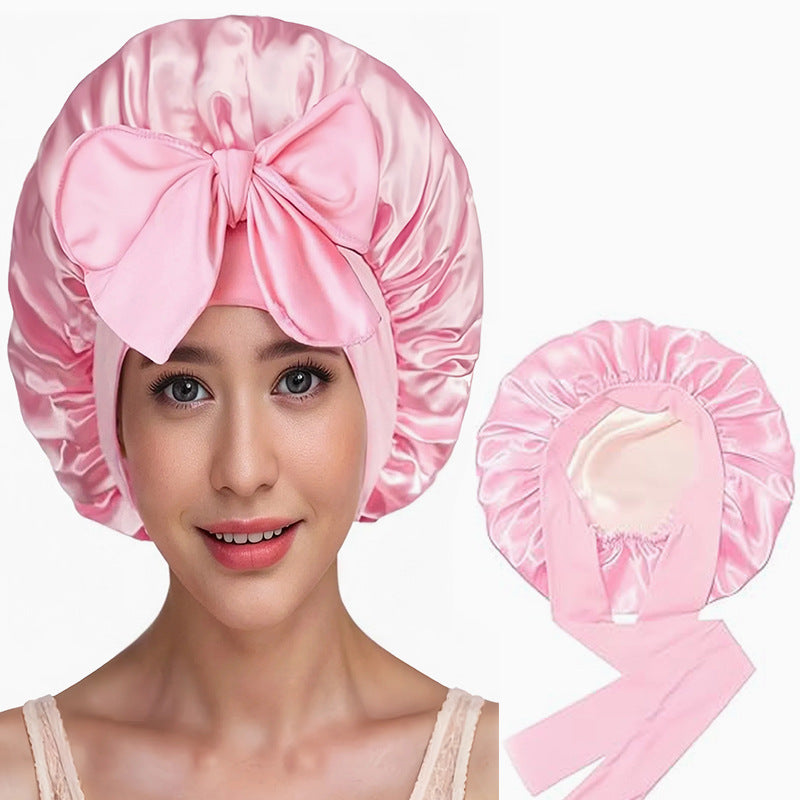 Amazon Double Layer Nightcap Color Ding Hat Women's Elastic Wide-brimmed Hair Care Hat Shower Hat Turban Bow Ribbon Round Hat