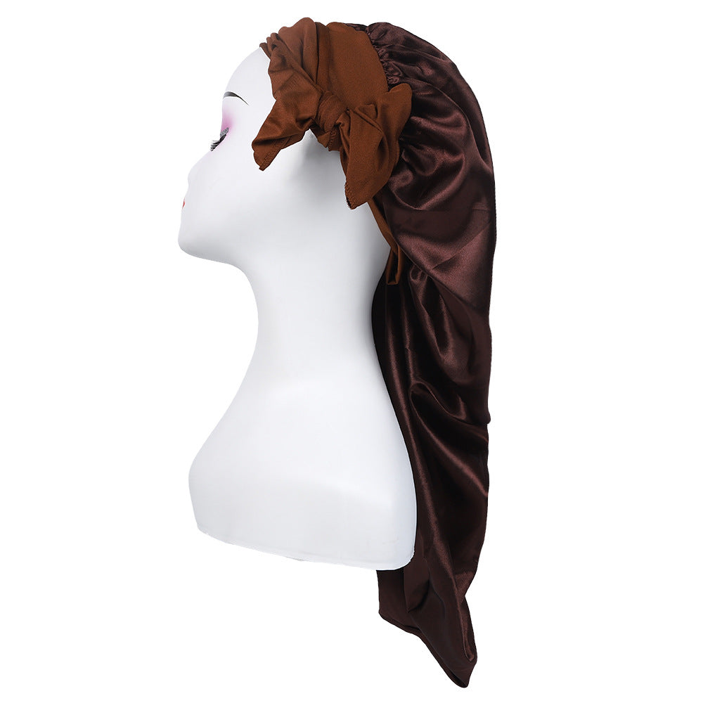 Amazon's New Women's Ribbon Long Hat Satin Nightcap Hairdressing Shower Cap Hair Care Cap Long Tail Turban Hat