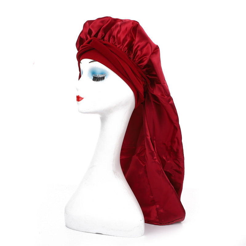 Amazon's New Women's Ribbon Long Hat Satin Nightcap Hairdressing Shower Cap Hair Care Cap Long Tail Turban Hat