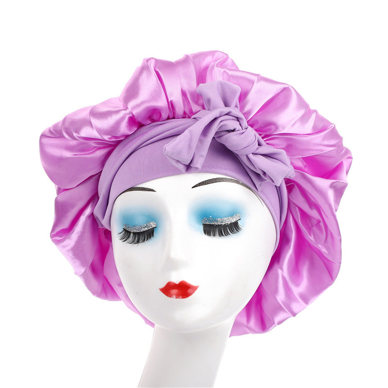 Cross-Border Popular Satin Ribbon Round Hat with Bow, Imitation Silk Beauty and Hair Care Wide-Brimmed Hat, Single-Layer Satin Sleep Cap