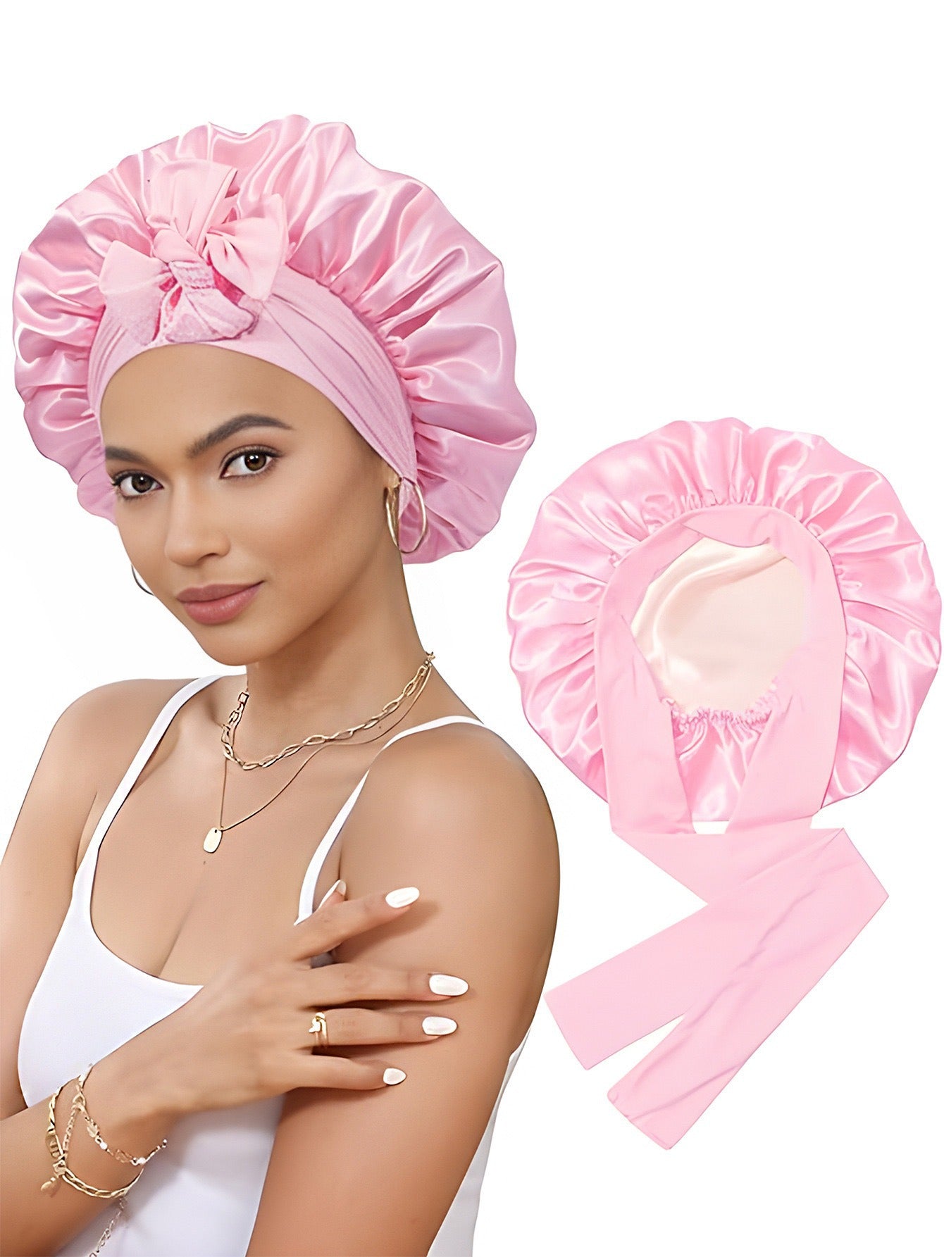 Cross-Border Double-Layer Satin Ribbon Nightcap with Bow Tie Turban Beauty Hair Care Cap for Women Double-Sided Bonnet