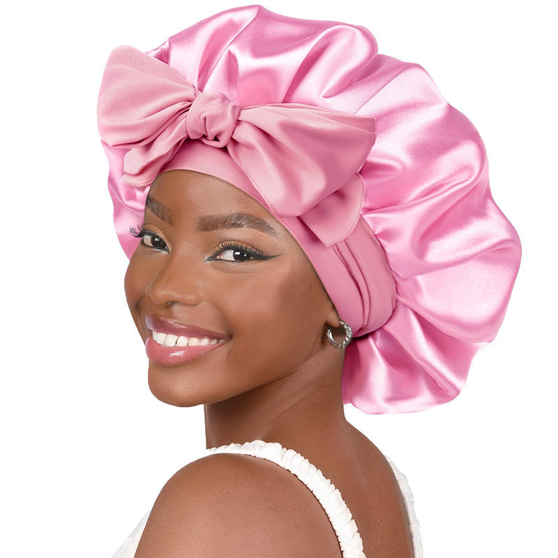 Cross-Border Popular Satin Ribbon Round Hat with Bow, Imitation Silk Beauty and Hair Care Wide-Brimmed Hat, Single-Layer Satin Sleep Cap