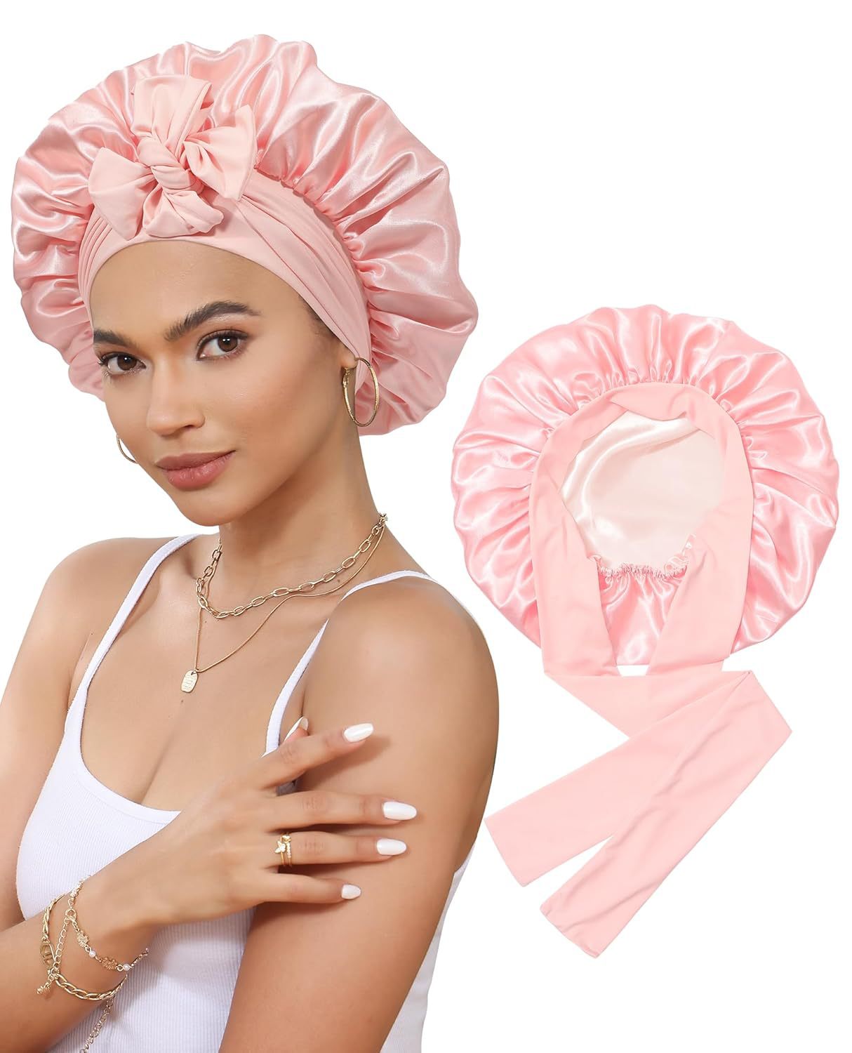 Amazon Double Layer Nightcap Color Ding Hat Women's Elastic Wide-brimmed Hair Care Hat Shower Hat Turban Bow Ribbon Round Hat